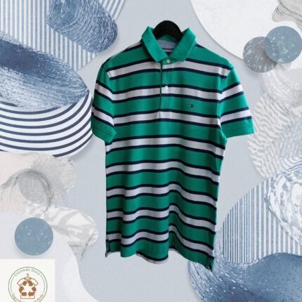 Polo cuello piqué a rayas verde y blanco